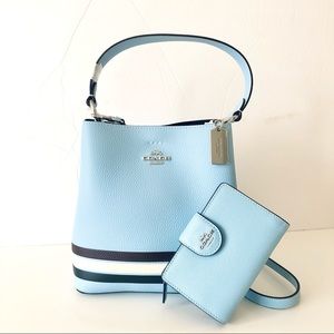 Coach Blue Striped Leather Purse Wallet Set